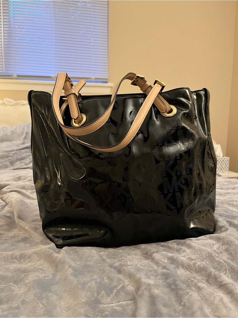 Michael Kora Patent Black Tote with Tan Shoulder Straps